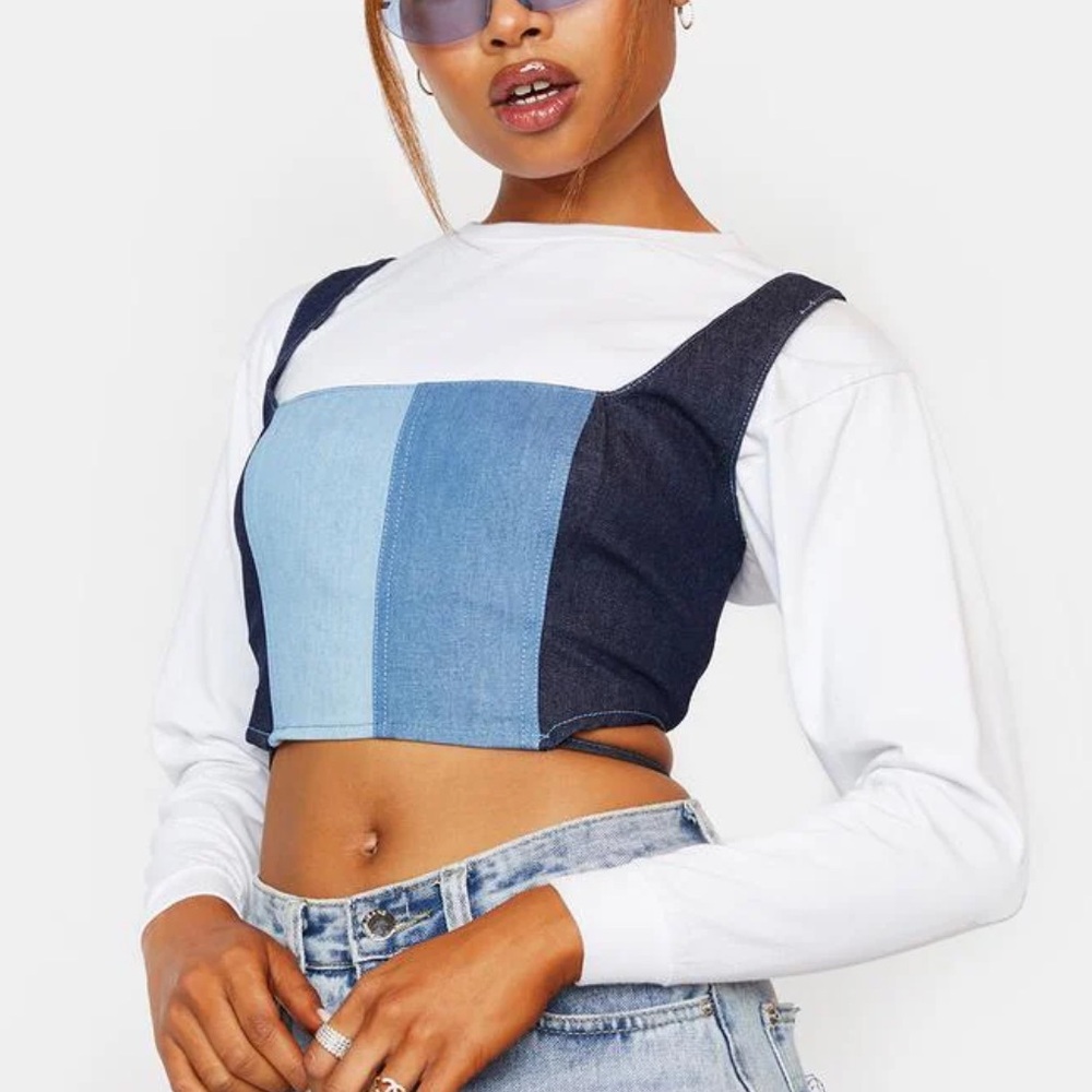 Colorblock Denim Crop Top Le Lis - Picture 2 of 8